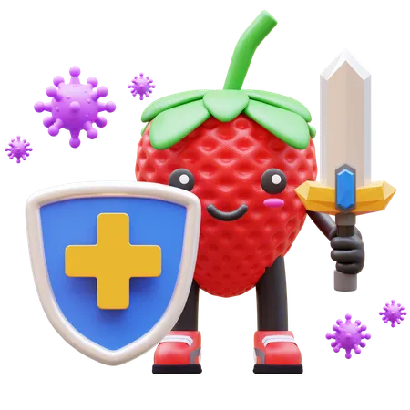 Süße Erdbeere bekämpft Virus mit Schutzschild und Schwert  3D Illustration