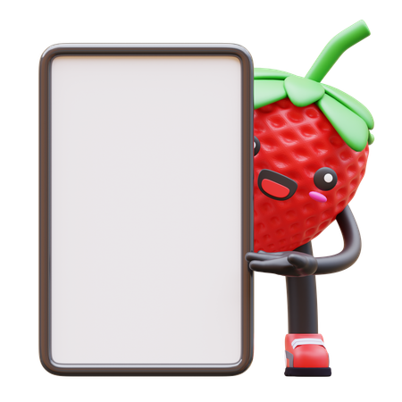 Niedliche Erdbeere mit leerem Schild  3D Illustration