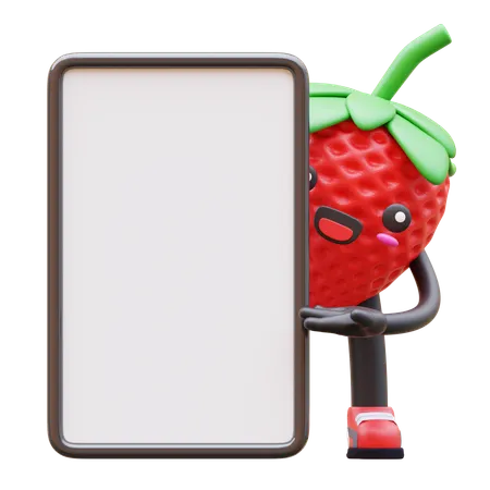Niedliche Erdbeere mit leerem Schild  3D Illustration