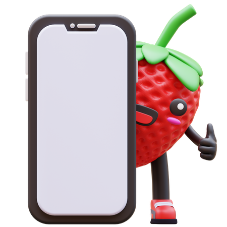Süße Erdbeere hinter Smartphone zeigt Daumen hoch  3D Illustration
