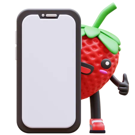 Süße Erdbeere hinter Smartphone zeigt Daumen hoch  3D Illustration