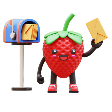 Süße Erdbeere liefert Post in der Nähe des Briefkastens  3D Illustration