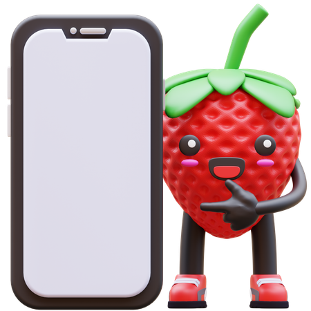 Niedlich, erdbeere, zeigen, leerer bildschirm, telefongerät  3D Illustration