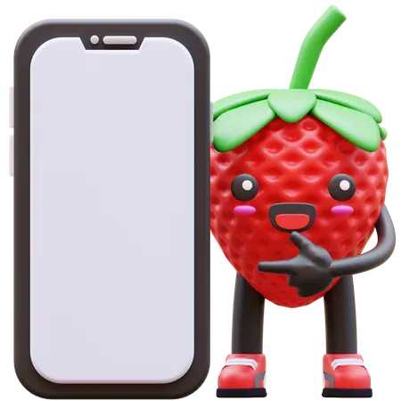 Niedlich, erdbeere, zeigen, leerer bildschirm, telefongerät  3D Illustration
