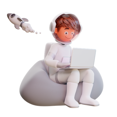 Süßer Astronaut sitzt und hält Laptop  3D Illustration