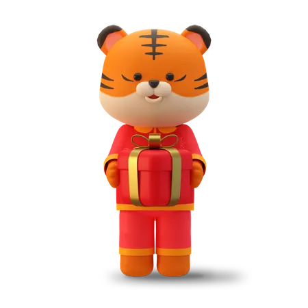 Niedlicher chinesischer Tiger mit roter Geschenkbox  3D Illustration