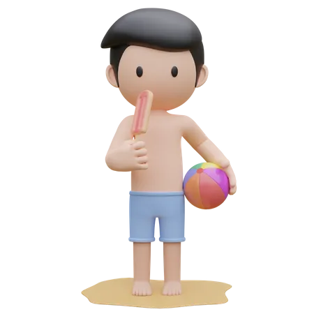 Netter Junge hält im Sommer Eis und Wasserball am Strand  3D Illustration