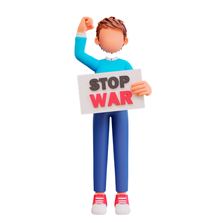 Netter Junge mit Stop-War-Plakat  3D Illustration