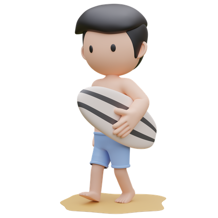 Netter Junge mit Surfbrett am Strand im Sommer  3D Illustration