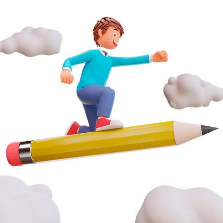 Netter Junge reitet einen Bleistift  3D Illustration