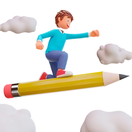 Netter Junge reitet einen Bleistift  3D Illustration