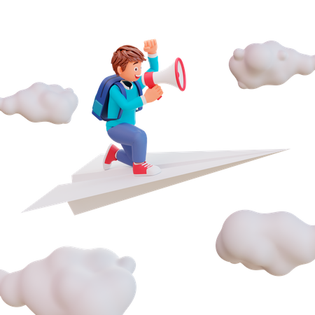 Netter Junge sitzt auf Papierflieger  3D Illustration