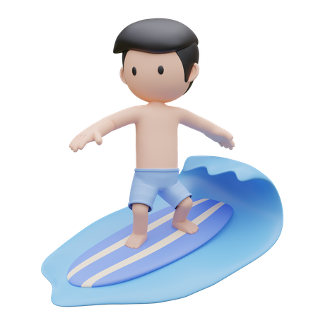 Netter Junge, der im Sommer auf einem Surfbrett auf dem Meer surft  3D Illustration