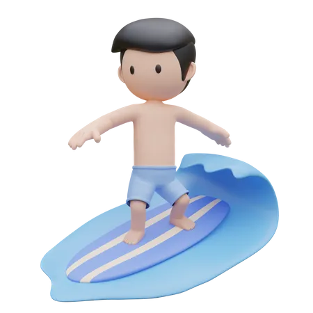 Netter Junge, der im Sommer auf einem Surfbrett auf dem Meer surft  3D Illustration