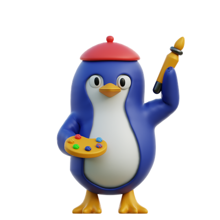 Niedlich, Pinguin, Halten, Farbpalette, Und, Farbpinsel  3D Icon