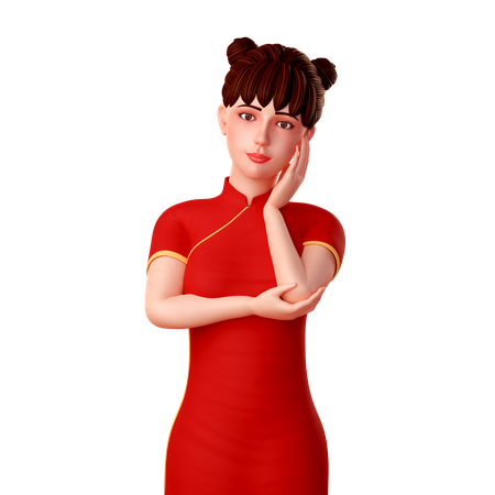 Süßes chinesisches Mädchen legt ihre Hände auf ihr Gesicht und macht eine elegante Pose  3D Illustration