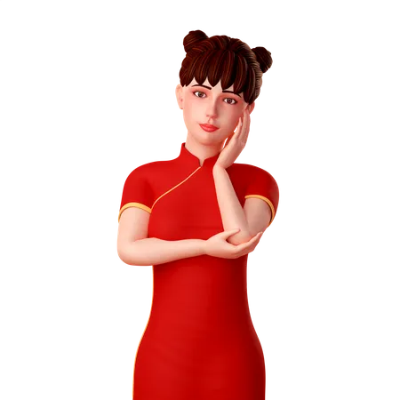 Süßes chinesisches Mädchen legt ihre Hände auf ihr Gesicht und macht eine elegante Pose  3D Illustration