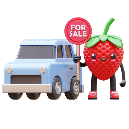Niedliche Erdbeere Werbung Auto zum Verkauf Zeichen  3D Illustration