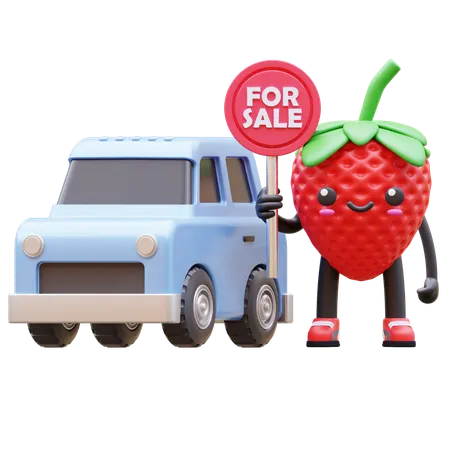 Niedliche Erdbeere Werbung Auto zum Verkauf Zeichen  3D Illustration