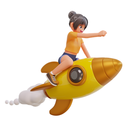 Süße Mädchen fliegen auf einer Rakete  3D Illustration