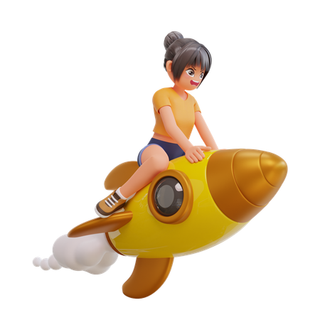 Süße Mädchen fliegen auf einer Rakete  3D Illustration
