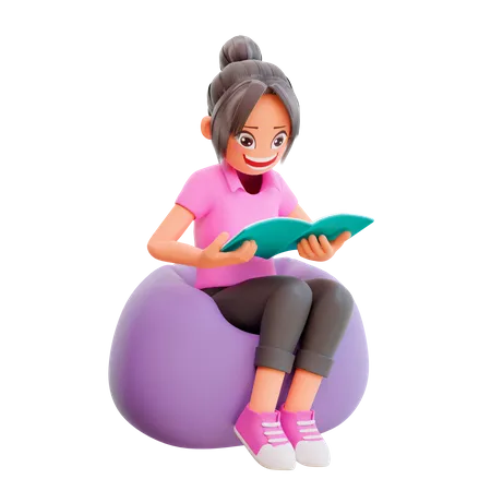 Nettes Mädchen liest Buch  3D Illustration