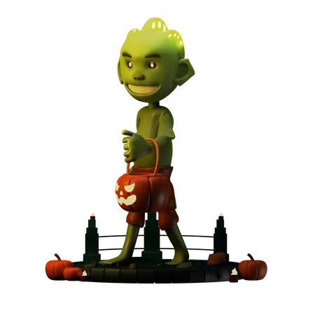 Swamp Thing With Scary Pumpkin  3D Illustration