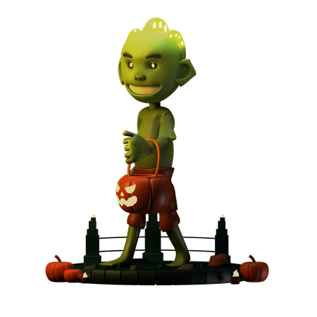 Swamp Thing With Scary Pumpkin  3D Illustration