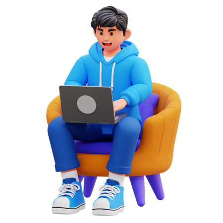 Garçon à capuche travaillant sur un ordinateur portable  3D Icon