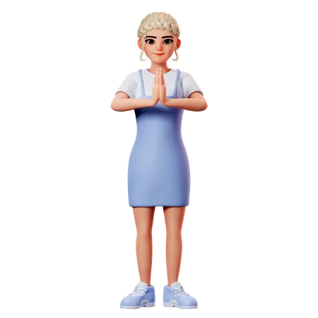 Sweet Female Showing Namaste  3D Illustration