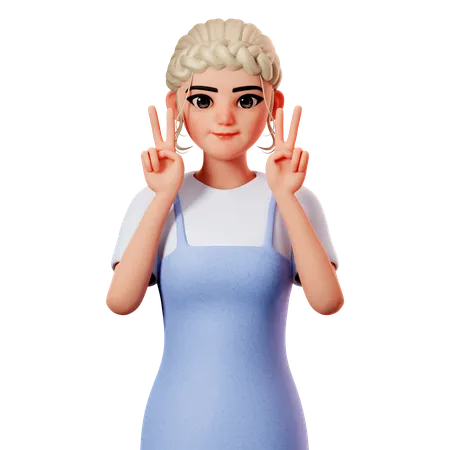 Sweet Female Showing Peace Gesture Using Both Hand  3D Illustration