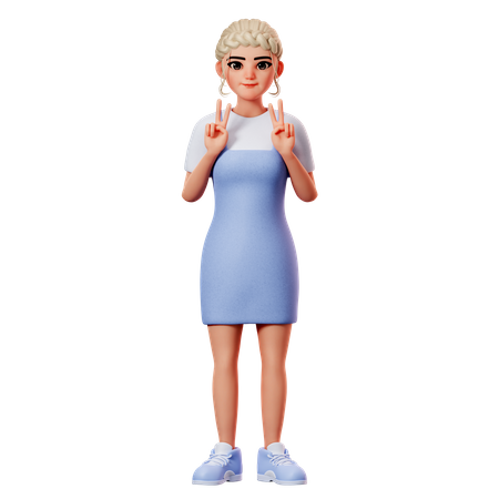 Sweet Female Showing Peace Gesture With Both Hand  3D Illustration