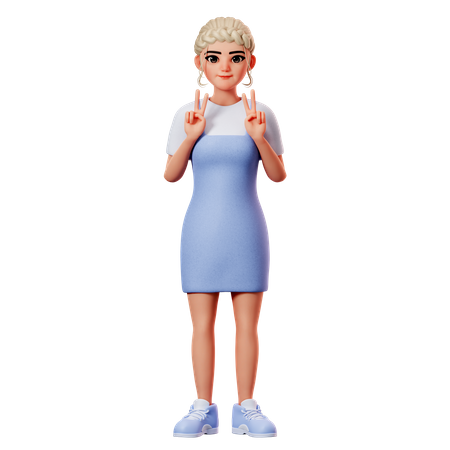 Sweet Female Showing Peace Gesture With Both Hand 3D Illustration