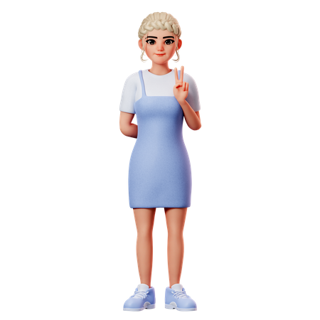 Sweet Female Showing Peace Gesture With Right Hand  3D Illustration