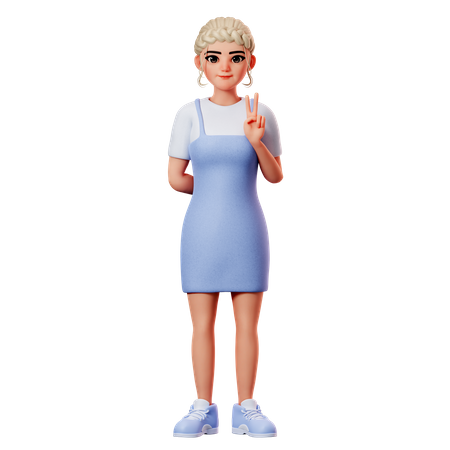 Sweet Female Showing Peace Gesture With Right Hand 3D Illustration
