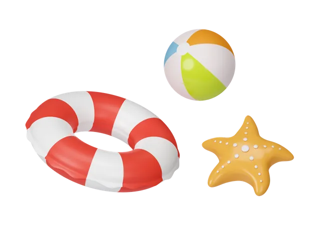 3 D Swimming Ring Ball And Starfish Summer Vacation And Holidays Concept Icon Isolated On White Background 3 D Rendering Illustration Clipping Path 3D Icon
