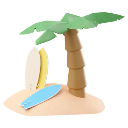 Tablas de surf con palmera de coco.  3D Icon