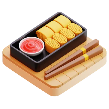 Tamagoyaki With Chopsticks And Sauce  3D Icon