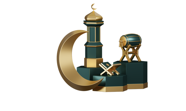 Tambores De Ramadán Y Adornos De Mezquita En El Podio  3D Icon