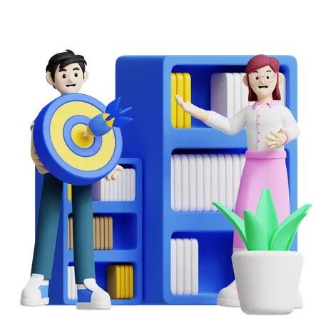 This 3 D Icon Features A Man Holding A Target And A Woman Presenting In Front Of A Bookshelf Ideal For Illustrating Goal Achievement Office Organization Teamwork And Productive Work Environments 3D Illustration