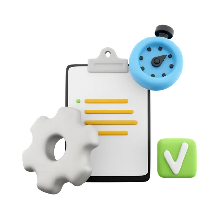 3 D Rendering Clipboard With Alarm Clock And Gear Icon 3 D Render Timer Gear And Blank Note Icon Clipboard With Alarm Clock And Gear 3D Icon
