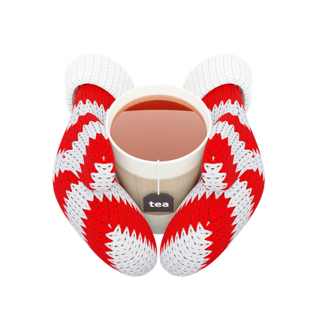 Tasse de thé chaud en mitaines rouges tricotées  3D Illustration