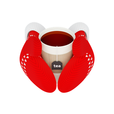 Tasse heißen Tee in gestrickten roten Fäustlingen  3D Illustration