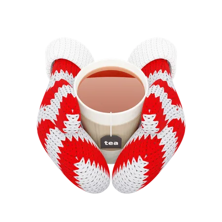 Taza de té caliente en guantes rojos tejidos  3D Illustration