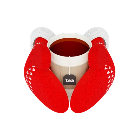 Taza de té caliente en guantes rojos tejidos  3D Illustration