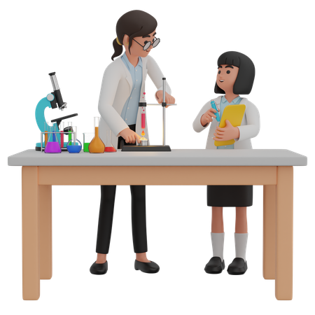 Teacher And Girl Record Results Of Experiment  3D Illustration