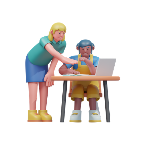 Teacher Guiding Student At Desk  3D Illustration