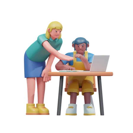 Teacher Guiding Student At Desk  3D Illustration