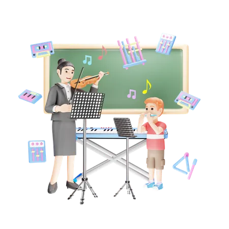 Teacher is teaching music to students  3D Illustration
