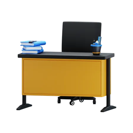Office Table With Book And Stationery Teacher Table And Chair Wood Office Desk 3 D Illustration Happy Teachers Day 3D Icon